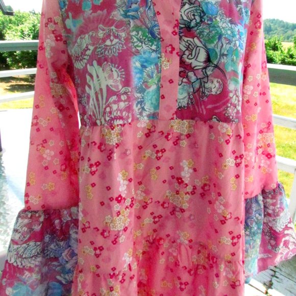 MATERNITY DRESS, M, NWT, BOHO PINK & BLUE FLORAL TIERED COMFORTABLE MIDI - Picture 5 of 8